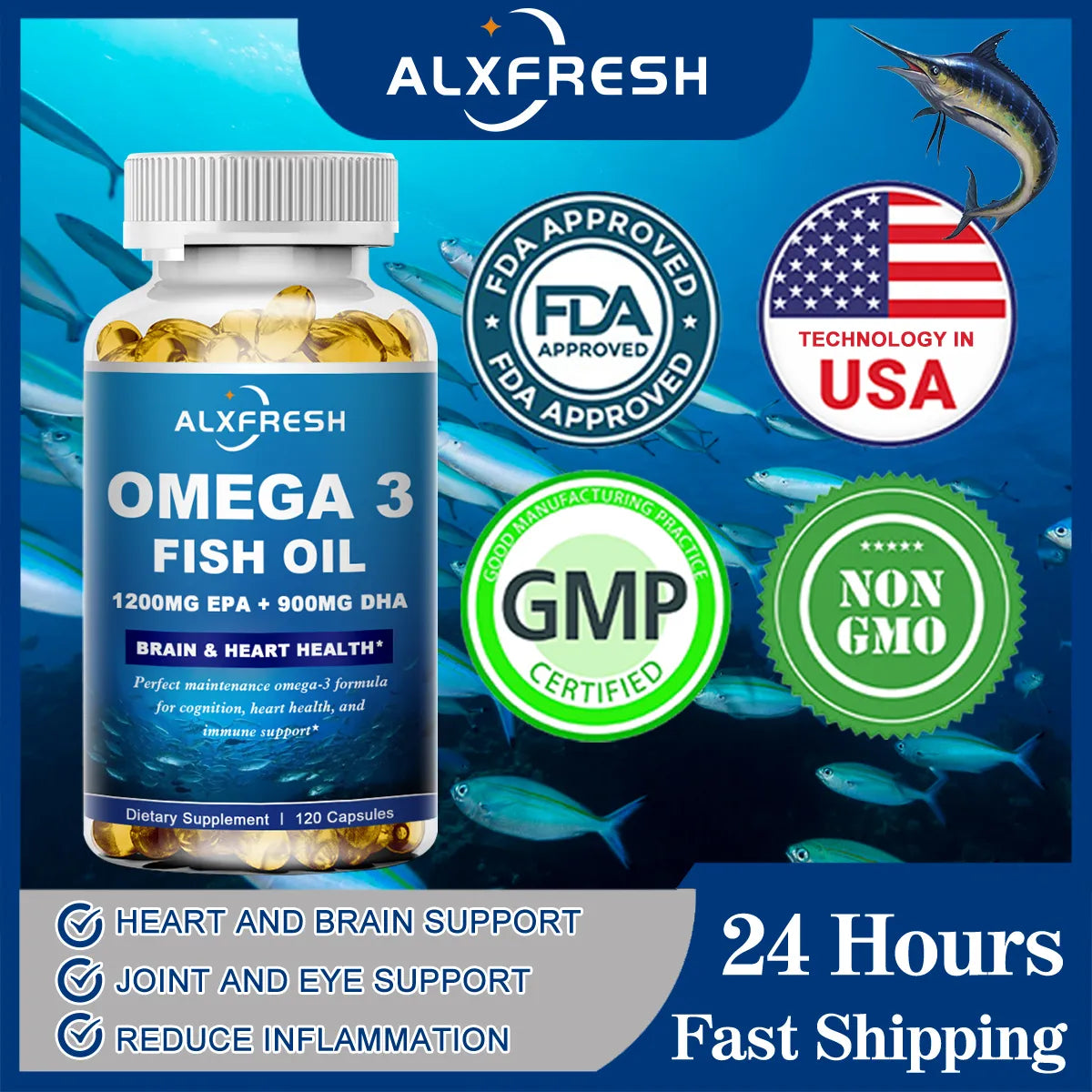 Omega-3 Fish Oil Capsules Dietary Supplement for Brain and Heart Health including EPA and DHA